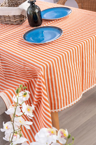 Black handwoven striped linen lace cotton tablecloth lifestyle. Crocheted lace Denizli, OEKO-TEX. Vivamaison.