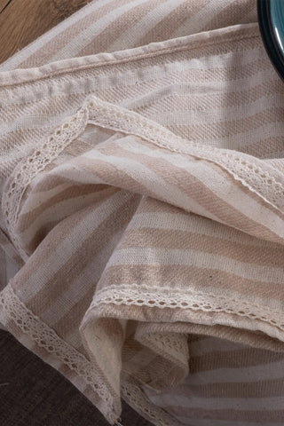 Grey handwoven striped linen lace cotton tablecloth lifestyle. Crocheted lace Denizli, OEKO-TEX. Vivamaison.