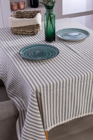 Grey handwoven striped linen lace cotton tablecloth table setting. Crocheted lace Denizli, OEKO-TEX. Vivamaison.