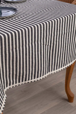 Milky Coffee handwoven striped linen lace cotton tablecloth detail. Crocheted lace Denizli, OEKO-TEX. Vivamaison.