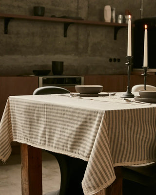 Milky Coffee handwoven striped linen lace cotton tablecloth kitchen lifestyle. Crocheted lace Denizli, OEKO-TEX. Vivamaison.