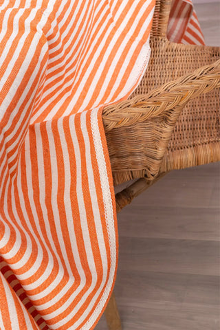 Milky Coffee handwoven striped linen lace cotton tablecloth lifestyle. Crocheted lace Denizli, OEKO-TEX. Vivamaison.
