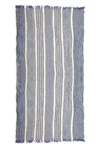 Blue striped peshtemal towel unfolded full view. Handwoven Turkish cotton Denizli, OEKO-TEX. Vivamaison.