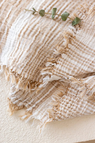 Brown striped peshtemal towel fringe detail closeup. Handwoven Turkish cotton Denizli, OEKO-TEX. Vivamaison.