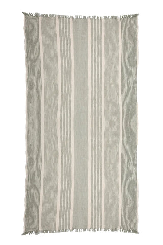 Green striped peshtemal towel unfolded full. Handwoven Turkish cotton Denizli, OEKO-TEX. Vivamaison.