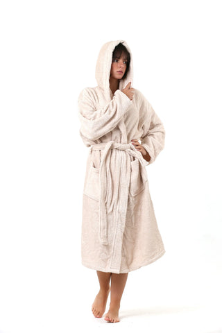 Handwoven Turkish cotton terry bathrobe in beige - Vivamaison Denizli OEKO-TEX certified