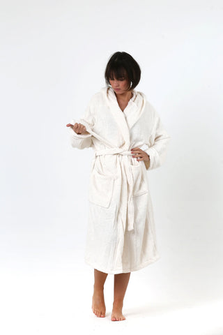 Handwoven Turkish cotton terry bathrobe in cream - Vivamaison Denizli OEKO-TEX certified