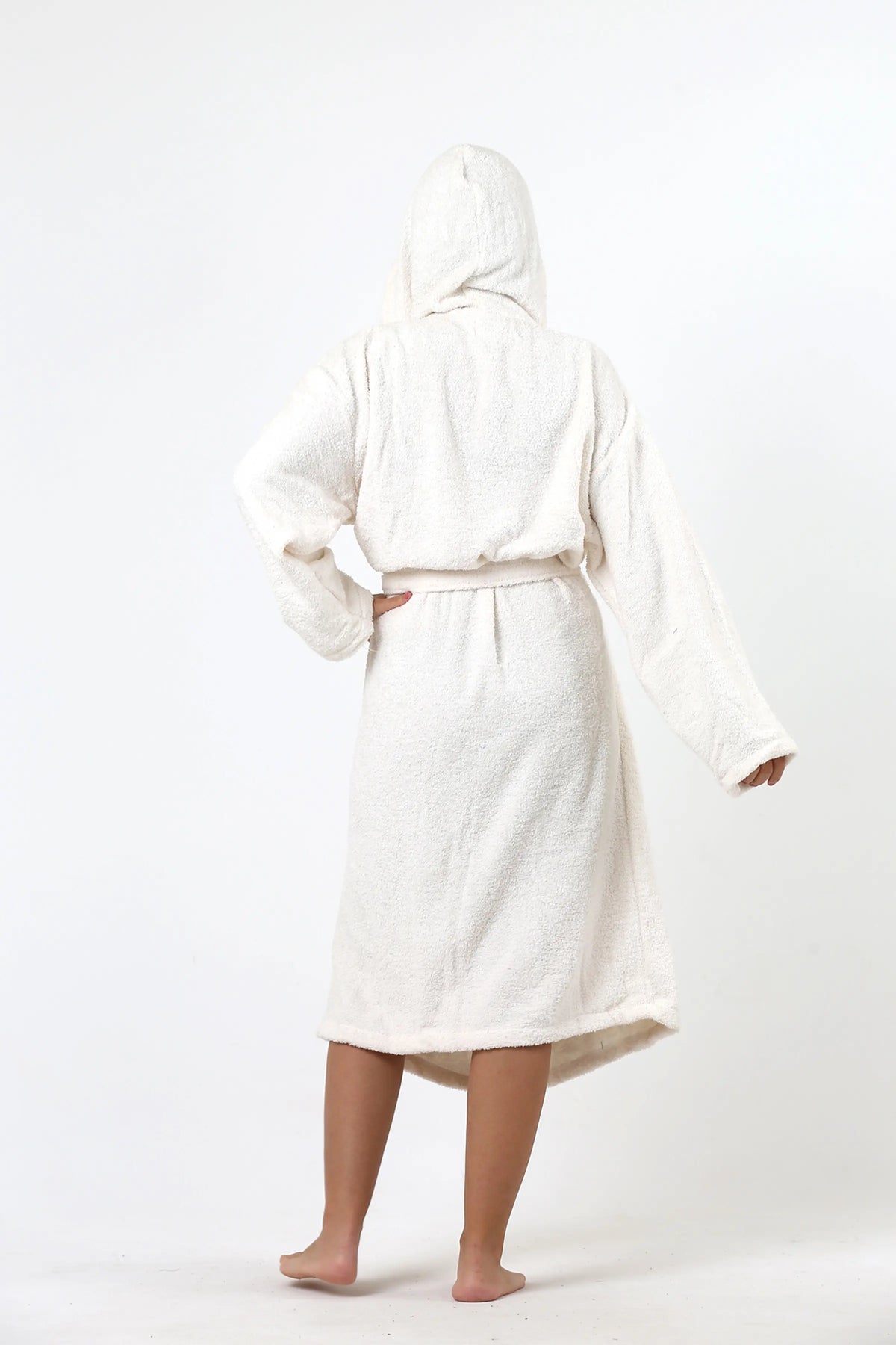 Beige terry bathrobe lifestyle view - handwoven Denizli heritage