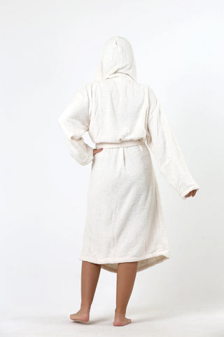 Beige terry bathrobe lifestyle view - handwoven Denizli heritage