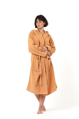 Earth tone terry bathrobe detail showing natural cotton loop weave by Vivamaison