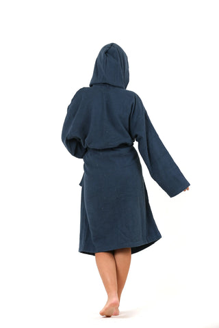 Indigo blue terry bathrobe styled view - handwoven Denizli craftsmanship