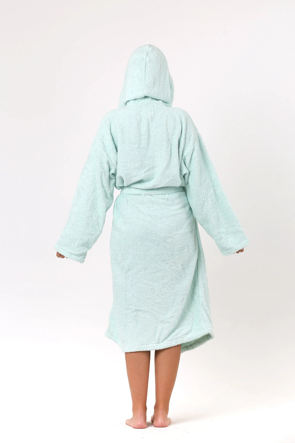 Mint terry bathrobe styled view - handwoven Denizli tradition