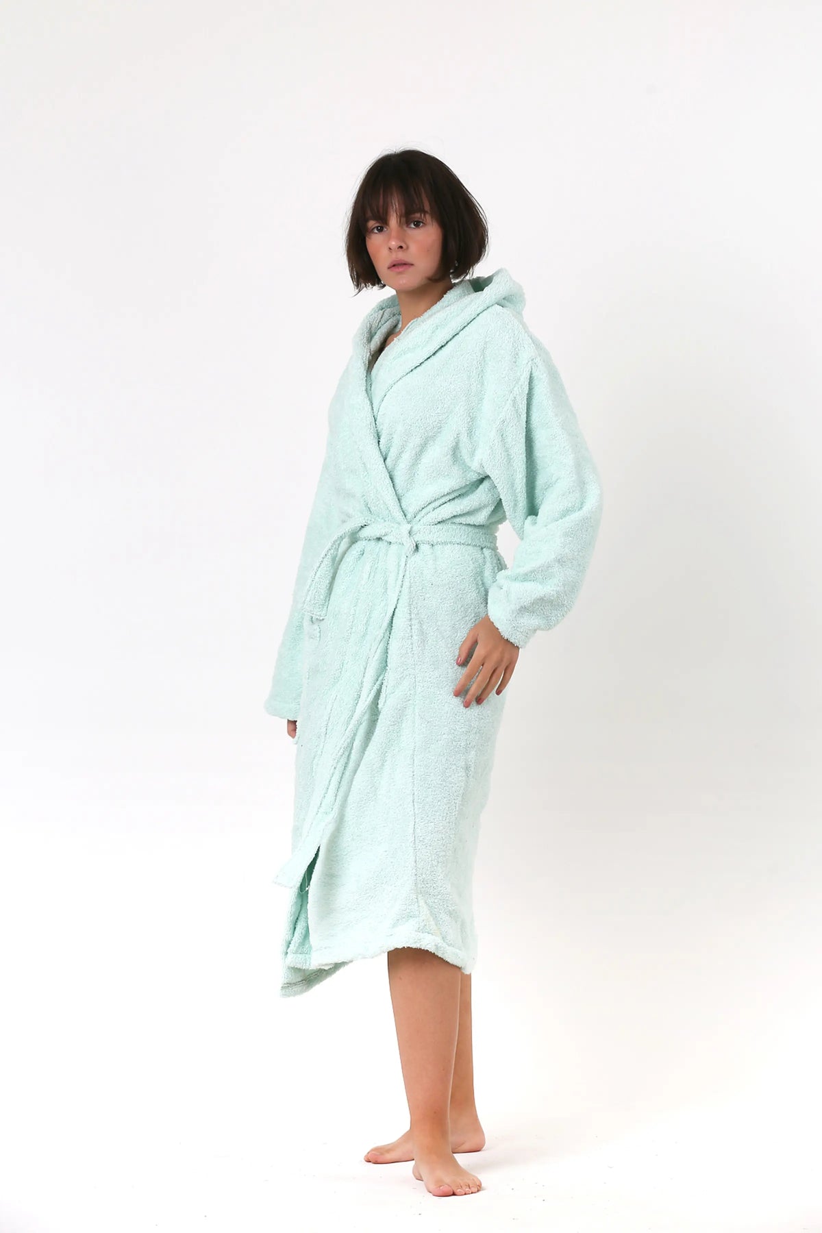 Mint terry bathrobe showing soft cotton terry loop texture by Vivamaison