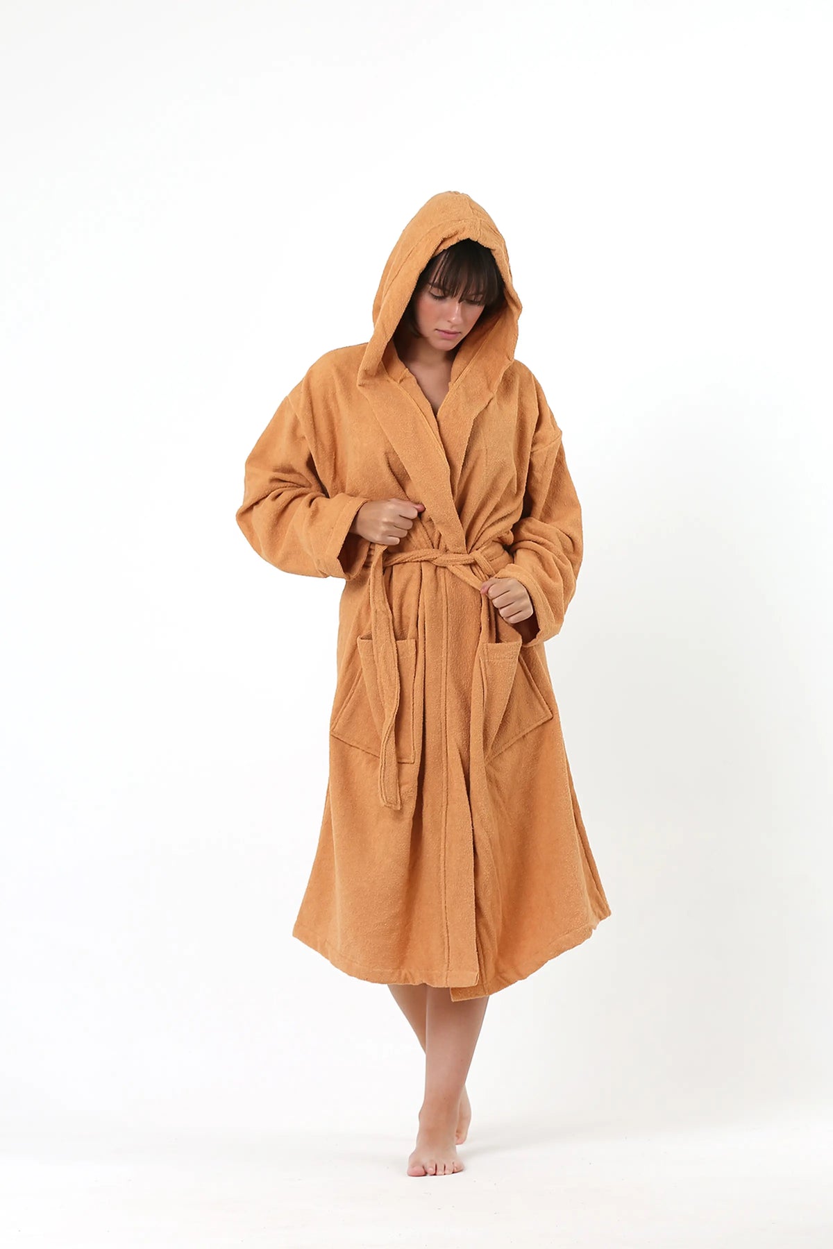 Handwoven Turkish cotton terry bathrobe in orange tone - Vivamaison Denizli OEKO-TEX certified