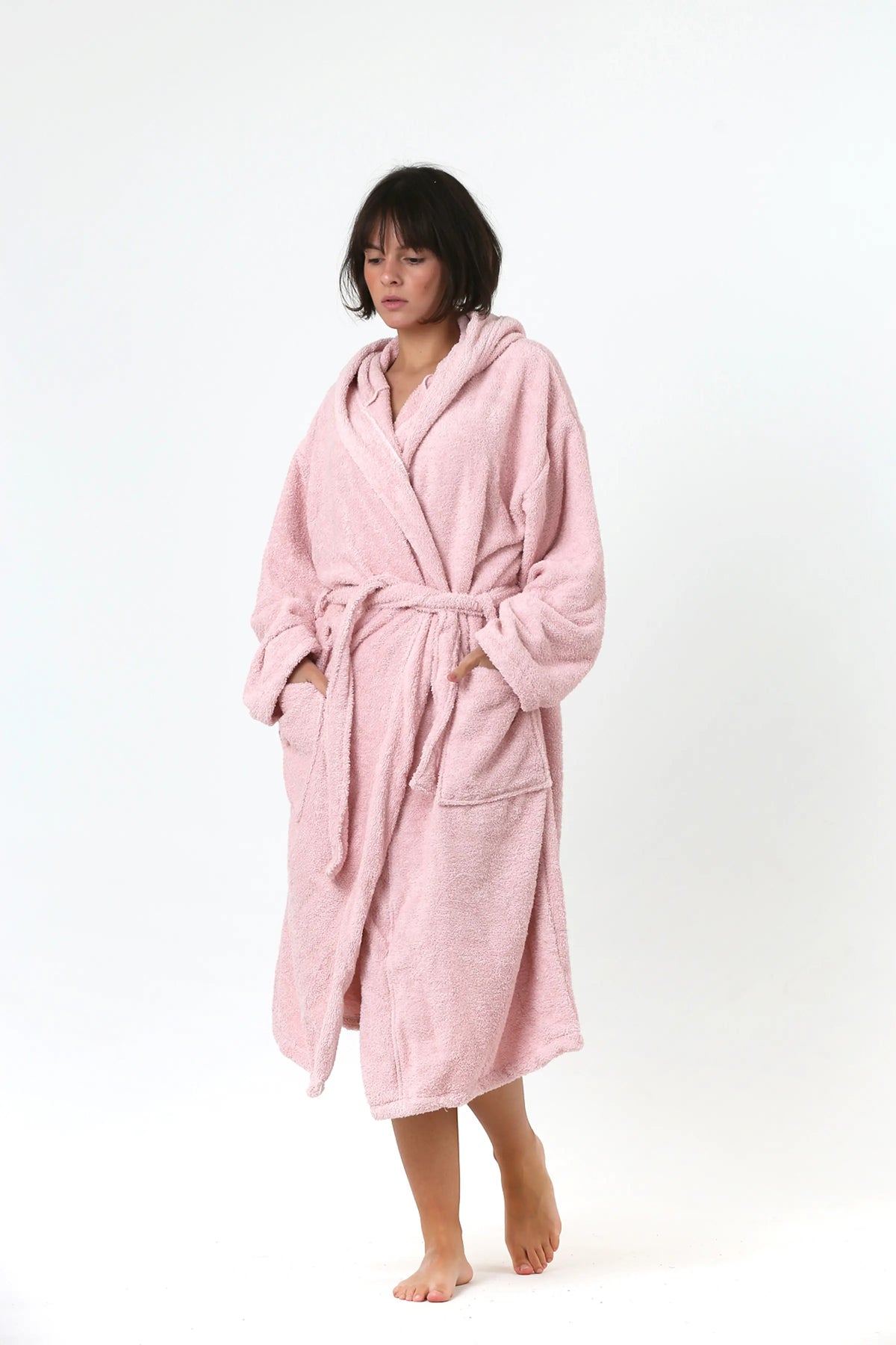 Handwoven Turkish cotton terry bathrobe in pink - Vivamaison Denizli OEKO-TEX certified