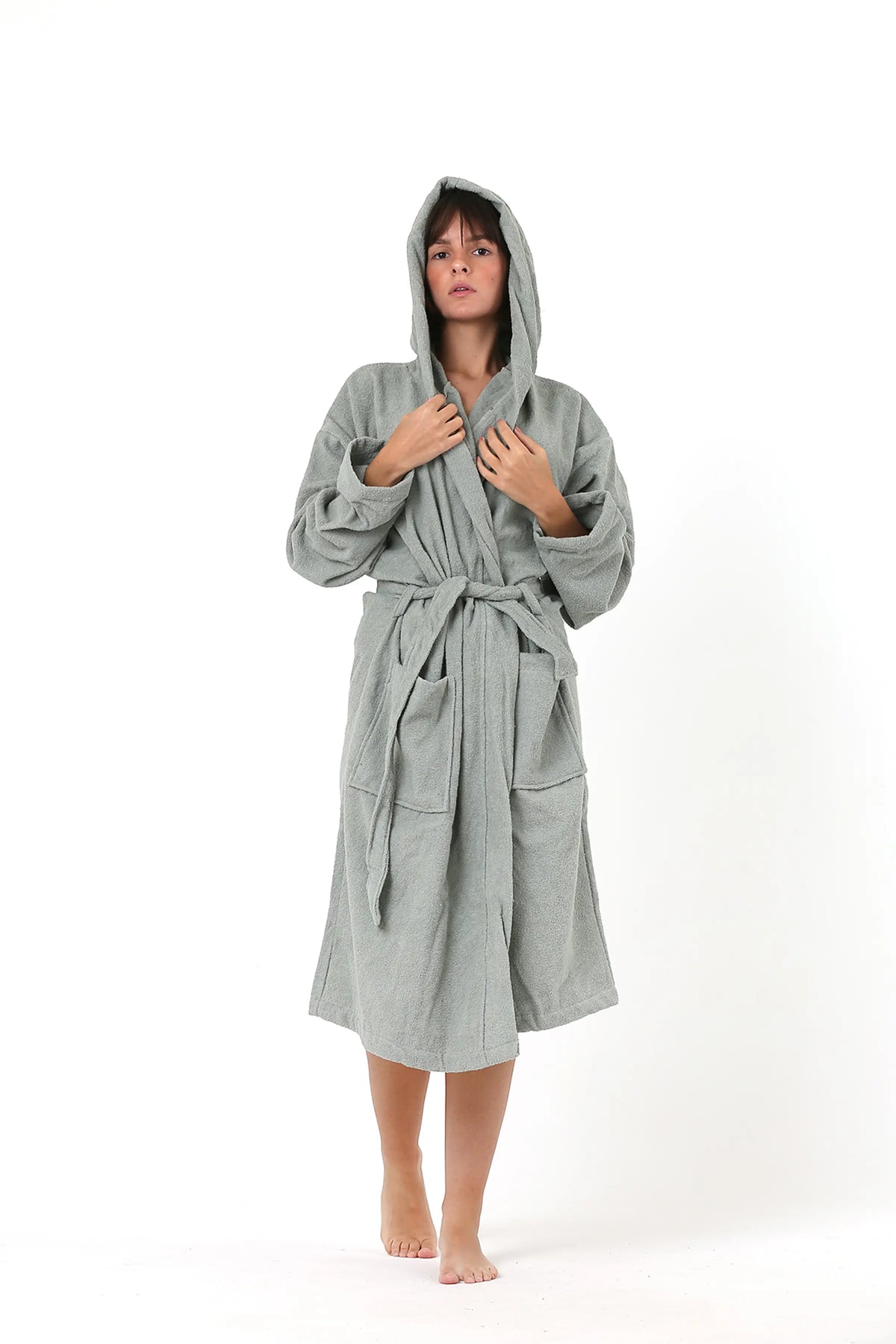 Handwoven Turkish cotton terry bathrobe in sage green - Vivamaison Denizli OEKO-TEX certified