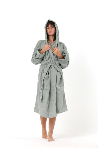 Handwoven Turkish cotton terry bathrobe in sage green - Vivamaison Denizli OEKO-TEX certified