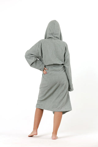 Sage green terry bathrobe showing dense long-staple cotton loops by Vivamaison