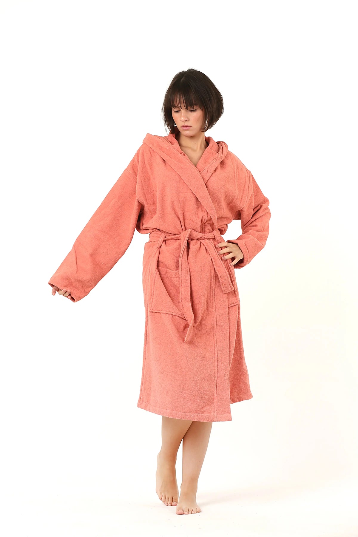 Handwoven Turkish cotton terry bathrobe in terracotta - Vivamaison Denizli OEKO-TEX certified