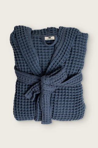 Handwoven waffle hooded bathrobe in anthracite, folded front view with tied belt