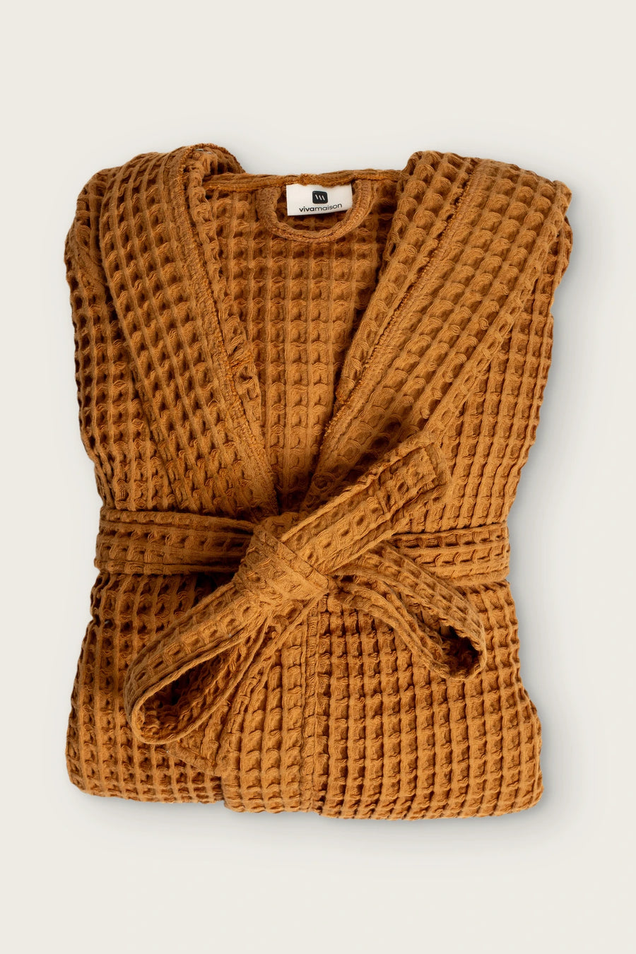 Handwoven Turkish Cotton Waffle Hooded Bathrobe - OEKO-TEX - Caramel
