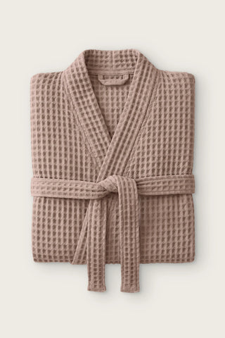 Handwoven waffle kimono bathrobe in brown, folded front view with tied belt