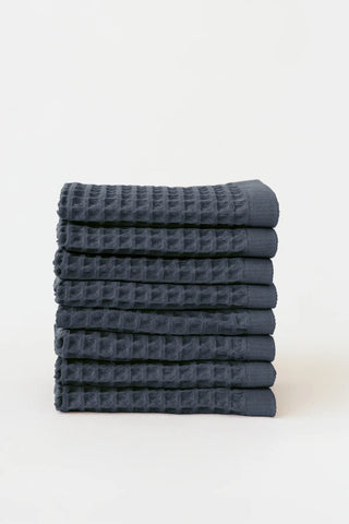 Anthracite handwoven Turkish cotton waffle weave towel set of 8 washcloths stacked. Denizli, OEKO-TEX. Vivamaison.