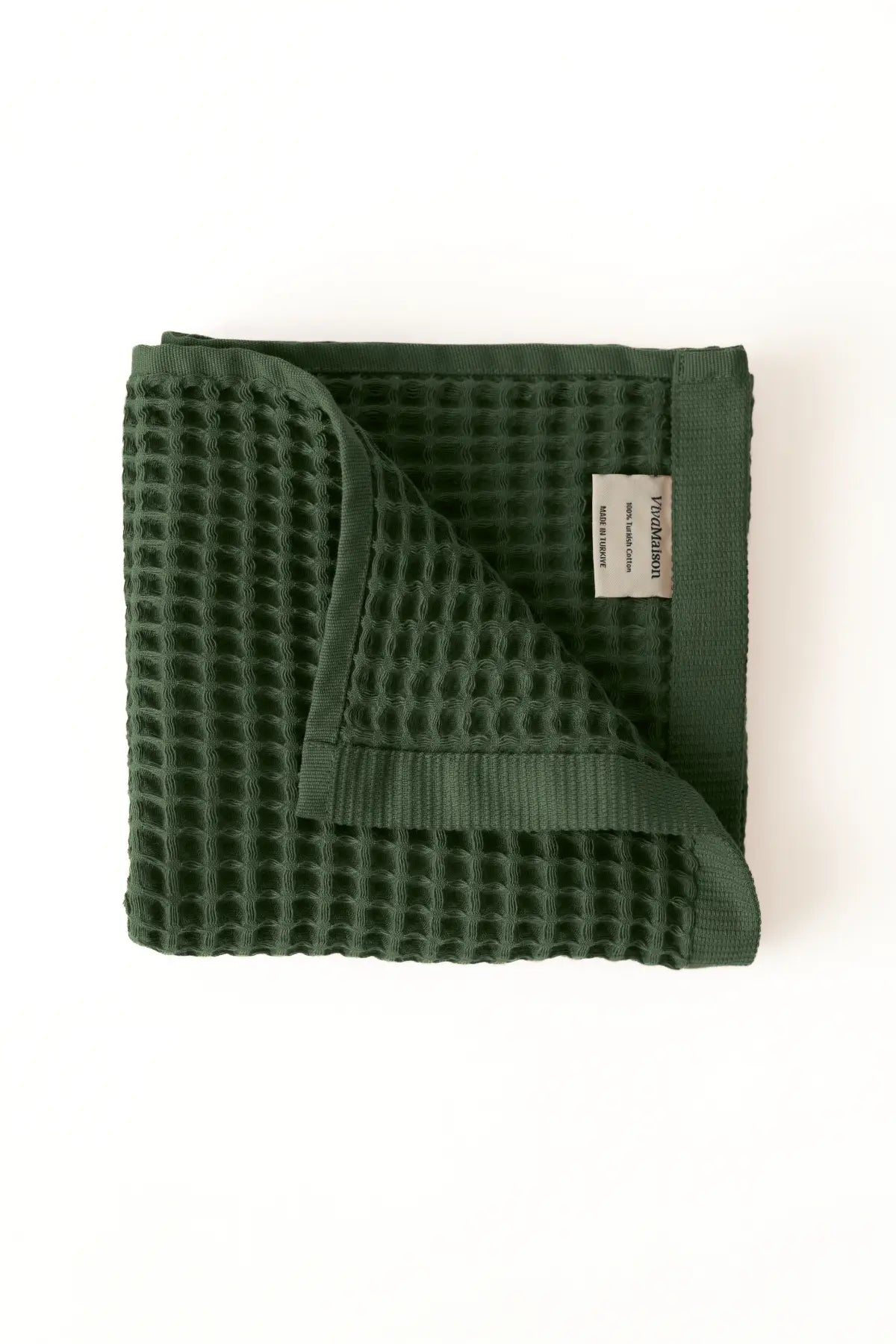 Dark Green handwoven Turkish cotton waffle weave towel bathroom 4-piece set styling. Denizli, OEKO-TEX. Vivamaison.