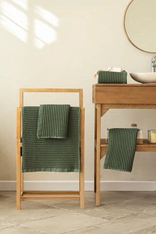 Dark Green handwoven Turkish cotton waffle weave towel hand towel folded detail. Denizli, OEKO-TEX. Vivamaison.