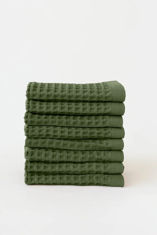 Dark Green handwoven Turkish cotton waffle weave towel set of 8 washcloths stacked. Denizli, OEKO-TEX. Vivamaison.