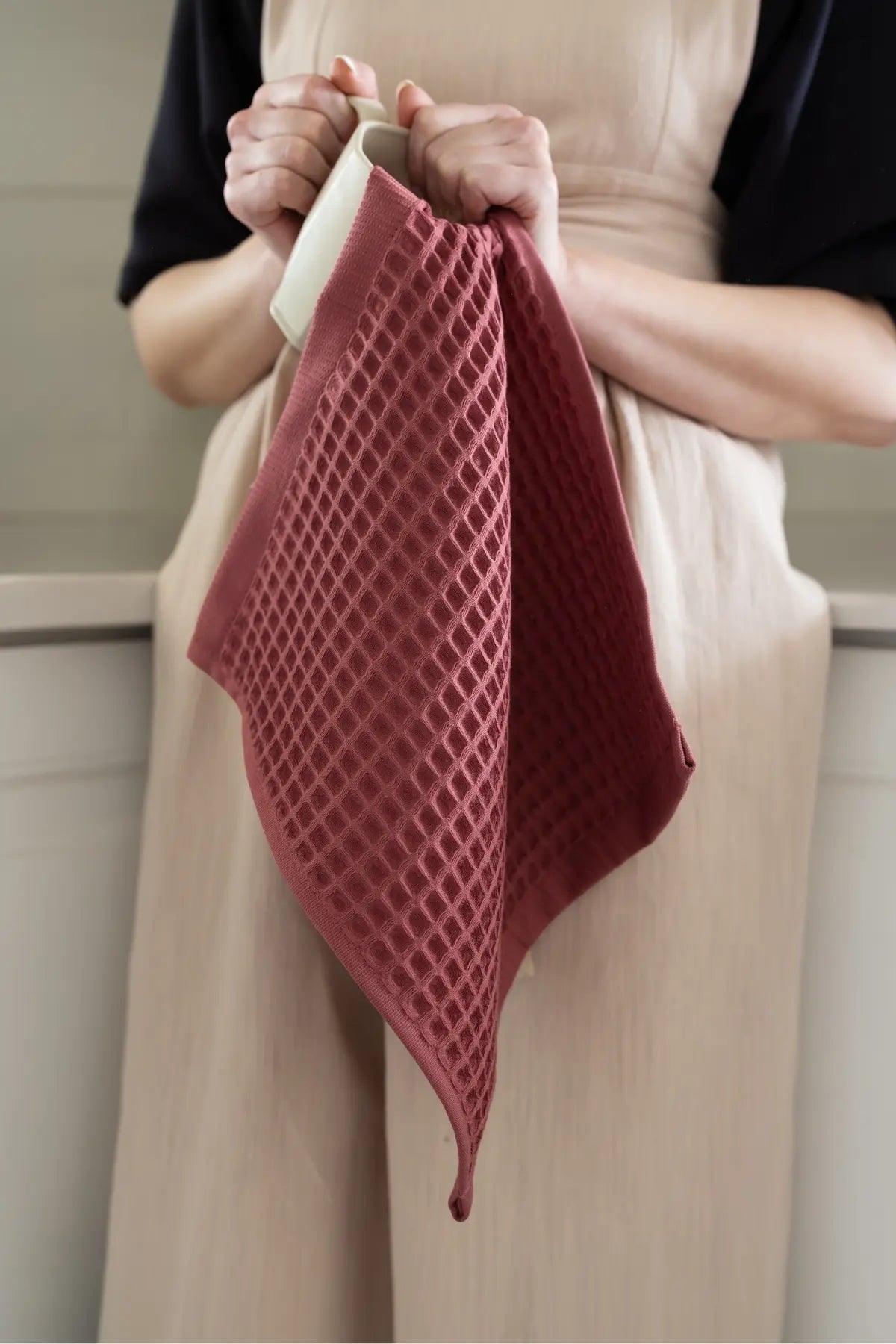 Dark Red handwoven Turkish cotton waffle weave towel bathroom styling. Denizli, OEKO-TEX. Vivamaison.