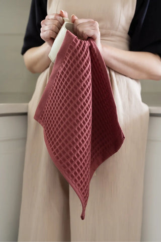 Dark Red handwoven Turkish cotton waffle weave towel bathroom styling. Denizli, OEKO-TEX. Vivamaison.