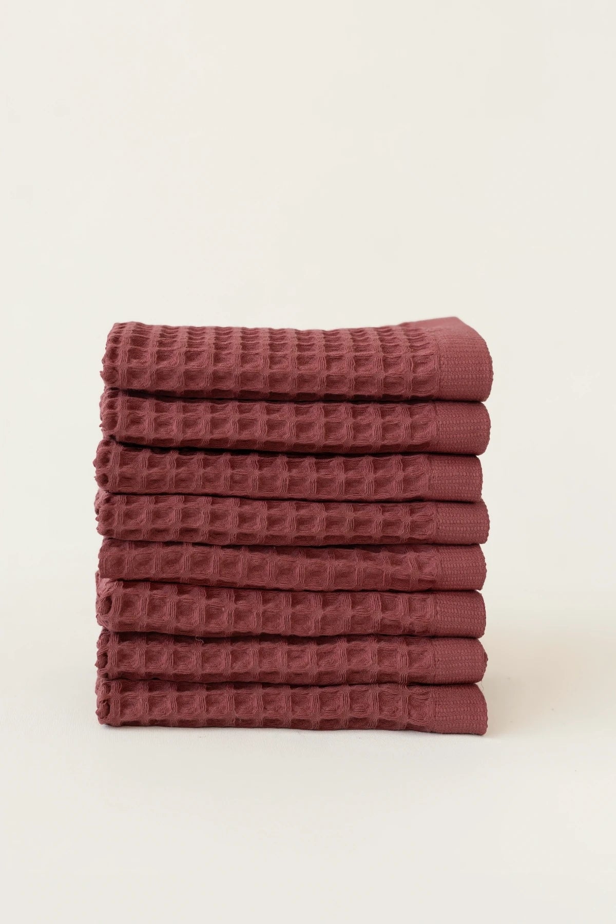 Dark Red handwoven Turkish cotton waffle weave towel set of 8 washcloths stacked. Denizli, OEKO-TEX. Vivamaison.