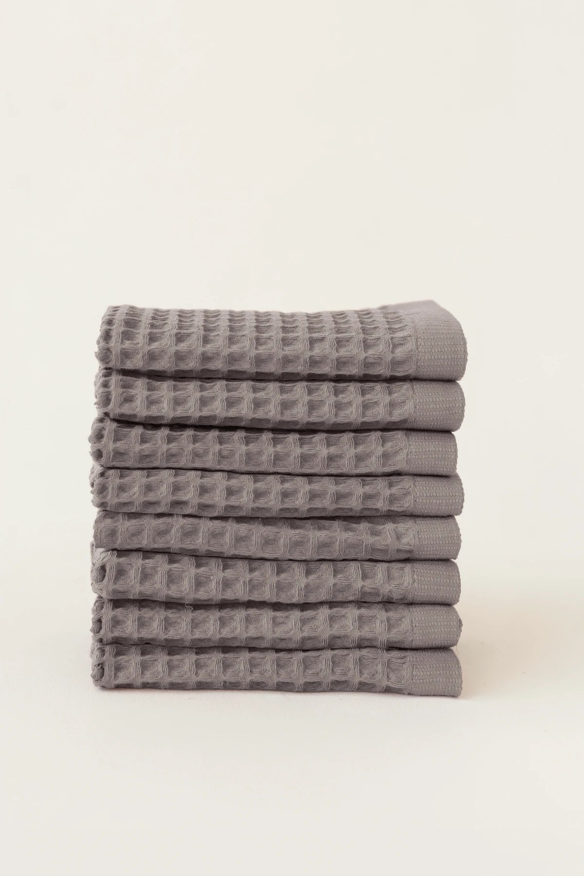 Grey handwoven Turkish cotton waffle weave towel set of 8 washcloths stacked. Denizli, OEKO-TEX. Vivamaison.