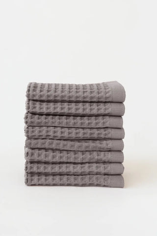 Grey handwoven Turkish cotton waffle weave towel set of 8 washcloths stacked. Denizli, OEKO-TEX. Vivamaison.