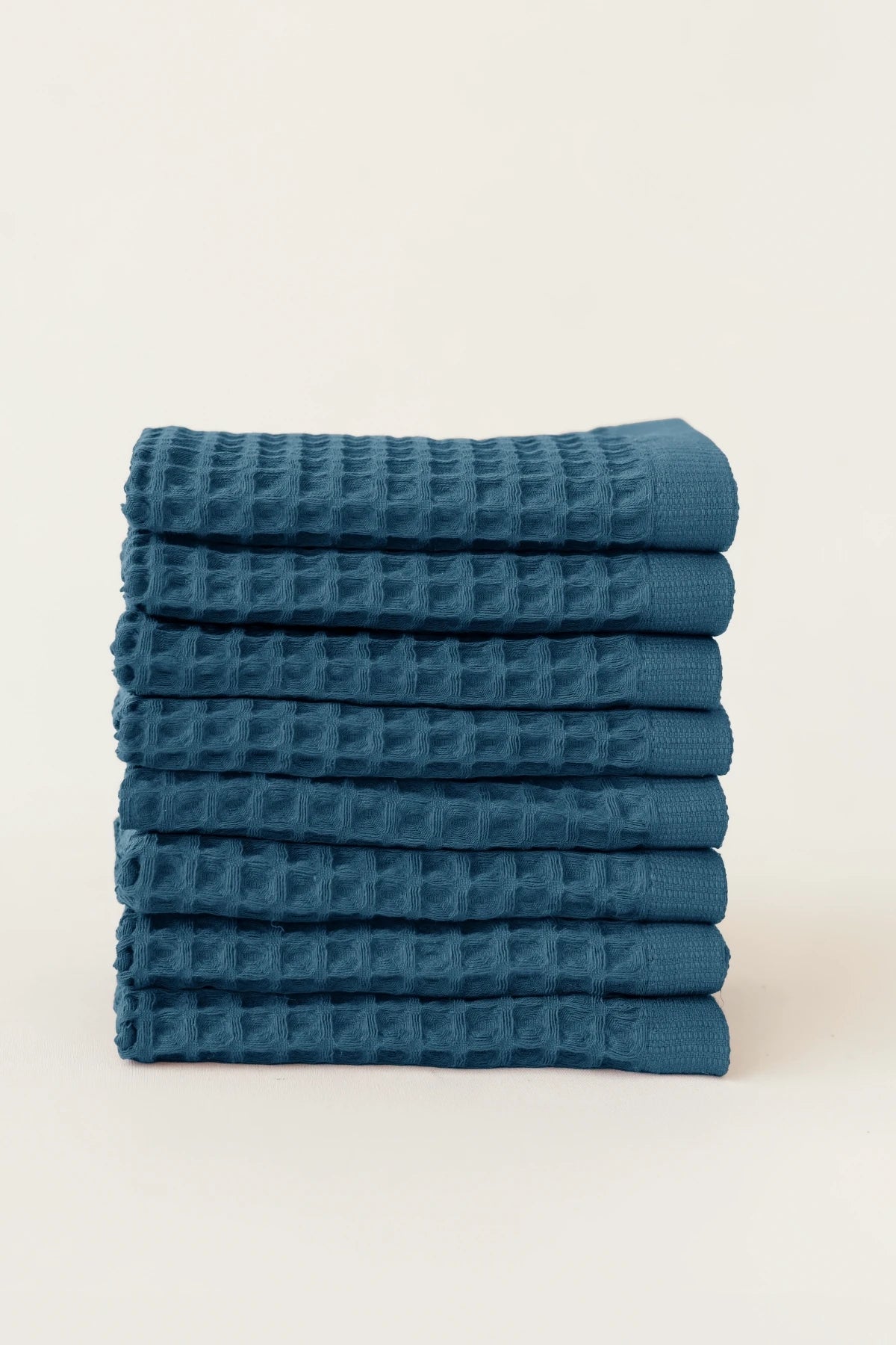 Indigo Blue handwoven Turkish cotton waffle weave towel set of 8 washcloths stacked. Denizli, OEKO-TEX. Vivamaison.