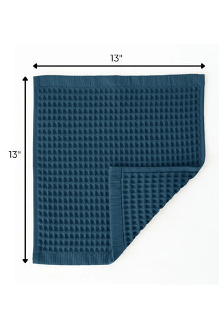 Indigo Blue handwoven Turkish cotton waffle weave towel washcloth size reference. Denizli, OEKO-TEX. Vivamaison.