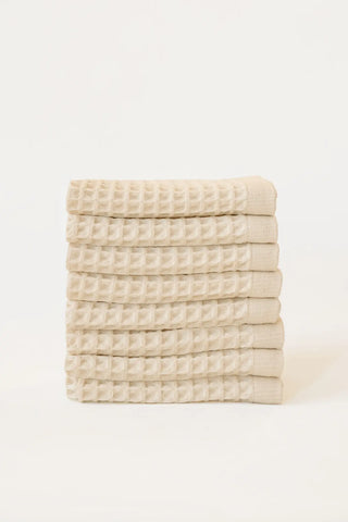 Natural handwoven Turkish cotton waffle weave towel set of 8 washcloths stacked. Denizli, OEKO-TEX. Vivamaison.