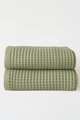 Sage Green handwoven Turkish cotton waffle weave towel set of 2 bath towels stacked. Denizli, OEKO-TEX. Vivamaison.