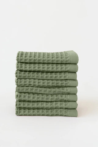Sage Green handwoven Turkish cotton waffle weave towel set of 8 washcloths stacked. Denizli, OEKO-TEX. Vivamaison.