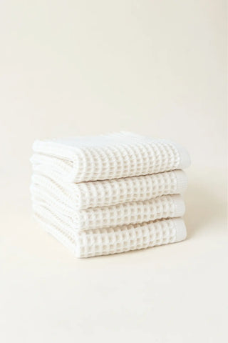White handwoven Turkish cotton waffle weave towel bathroom 4-piece set styling. Denizli, OEKO-TEX. Vivamaison.