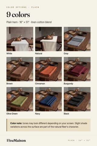 Plain linen cotton blend table runner in 9 colors: white, natural, gray, brown, cinnamon, burgundy, olive green, navy, black. VivaMaison.