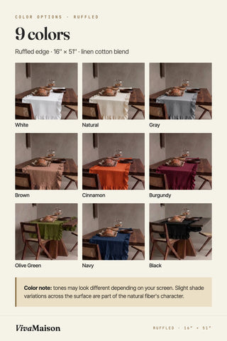 Ruffled linen cotton blend table runner in 9 colors: white, natural, gray, brown, cinnamon, burgundy, olive green, navy, black. VivaMaison.