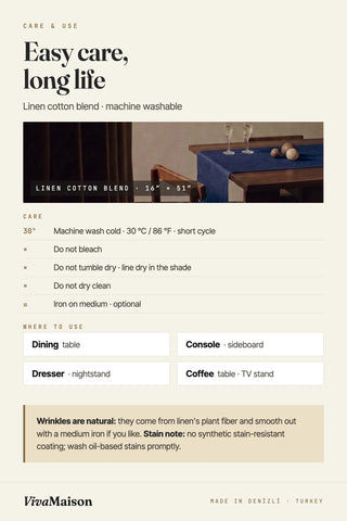 Care and use guide for linen cotton table runner: machine wash cold 30 C / 86 F, no bleach, line dry, iron on medium; dining table, console, dresser, coffee table. VivaMaison.