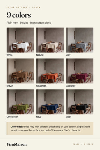 Plain linen cotton blend tablecloth in 9 colors: white, natural, gray, brown, cinnamon, burgundy, olive green, navy, black. VivaMaison.