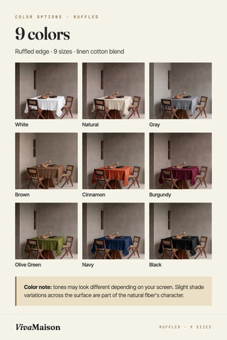 Ruffled linen cotton blend tablecloth in 9 colors: white, natural, gray, brown, cinnamon, burgundy, olive green, navy, black. VivaMaison.