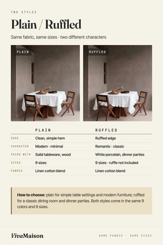 Plain versus ruffled linen cotton tablecloth comparison: edge, character, pairing, same 9 sizes and fabric. VivaMaison.