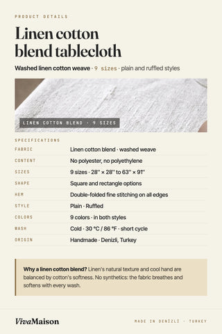 Linen cotton blend tablecloth product details: washed weave, no polyester, 9 sizes, square and rectangle, double-folded hem, plain and ruffled styles, 9 colors, handmade in Denizli. VivaMaison.