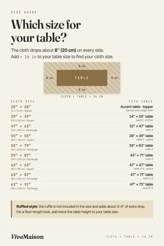 Tablecloth size guide: cloth equals table plus 16 inches, 8 inch drop; 9 sizes from 28 x 28 to 63 x 91 in matched to table sizes and seats. VivaMaison linen cotton blend tablecloth.