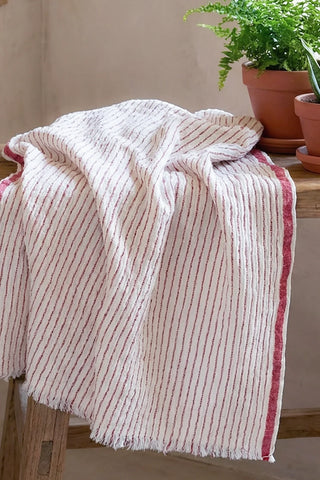 Muslin striped Turkish cotton beach towel peshtemal with red stripes in natural window light with plants - VivaMaison
